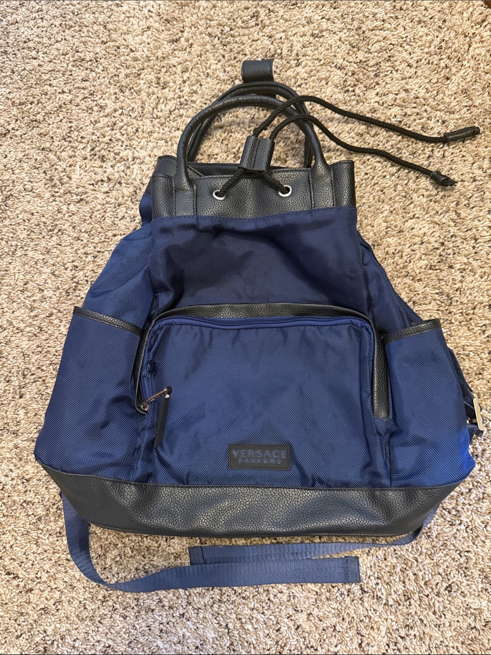 VERSACE Parfums Navy Blue and Black Men's Drawstring Backpack. Used condition.
